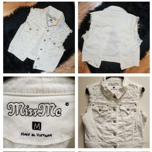 Miss Me Cropped White Denim Rhinestone Embellished Jean Vest Size M